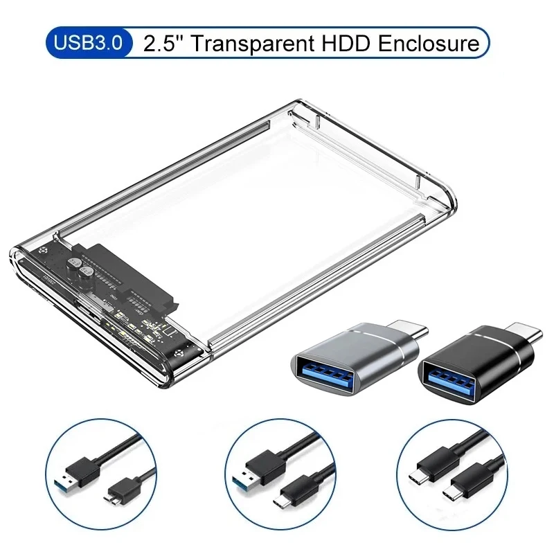 Transparentné puzdro HDD Case HDD 2,5 palca SATA na USB 3.0 Type-C 3.1 UASP Clear Purchon HardDisk Boxy bez nástrojov