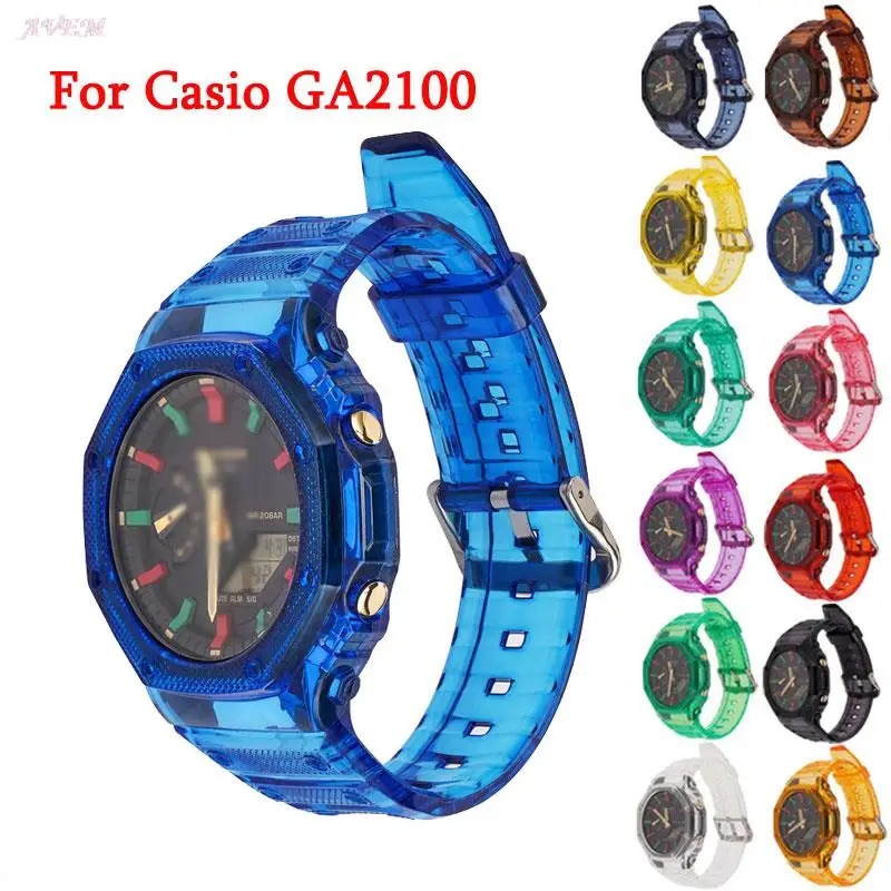 Transparentné puzdro na živicu+ remienok pre Casio G-Shock GA-2100 Náramok Band 19 Colors Dúh