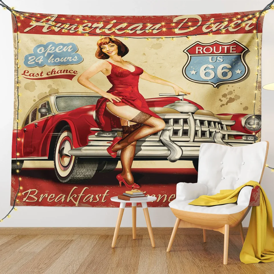 Trasa 66 Tapištiery staromódne autá na mape Road Trip Tapestry American Style Wall Decor Decor For Spálňa obývacia izba internát