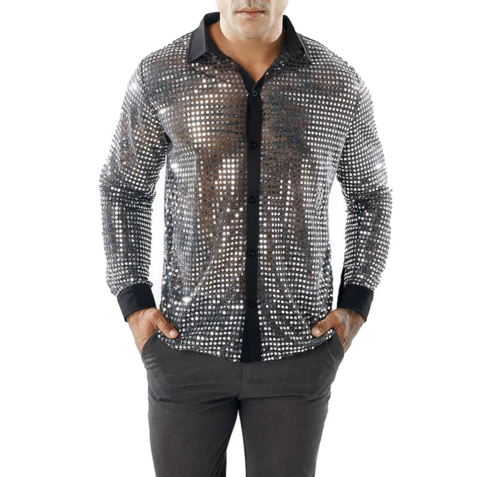 Trblietavé flitry košeľa Pánske s dlhým rukávom, nosenie 70. rokov Disco klope krk Ztiškanie iskry Sparkle Kompresné košele s gombíkom