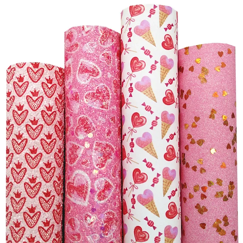Trblietavé trblietky so zlatými srdiečkami Vlastné robustné trblietavé kožené zmrzlina potlačená faux koža pre luk DIY 21x29cm Q1591