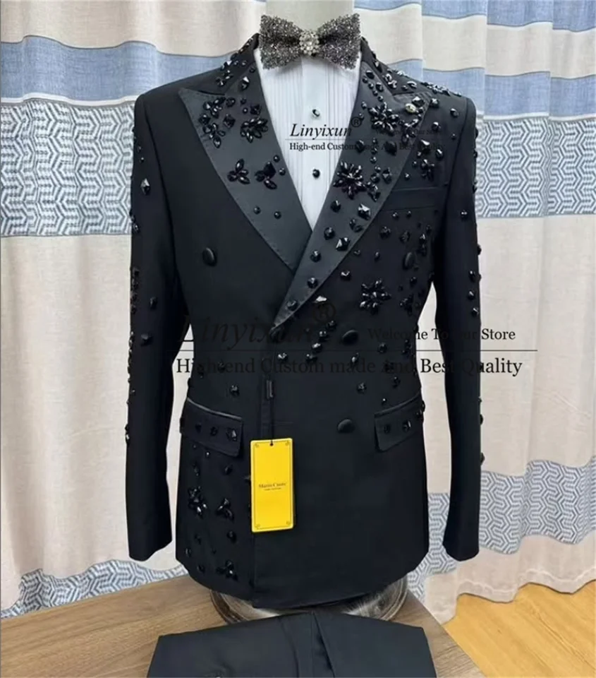 Trblietavé šperky ozdoba Tuxedo muži obleky prispôsobené dvojité dojčené večierky Mužské promo blazers 2 kusy set ropa hombre