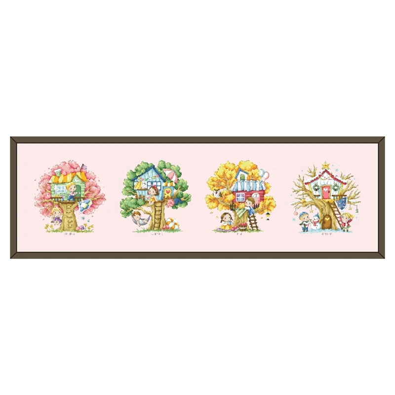 Tree House Cross-Stitch vyšívacie set 4 sezóny dizajn 18ct 14ct 11ct Pink Canvas vyšívať DIY vyšívanie