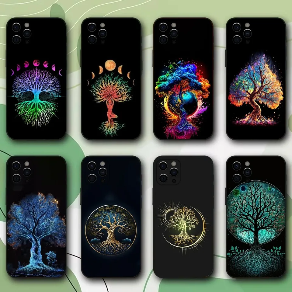 Tree of Life Space Telefón pre iPhone 16,15,14,13,12,11, Pro, X, XS, Max, XR, Plus, Mini Soft Black Cover