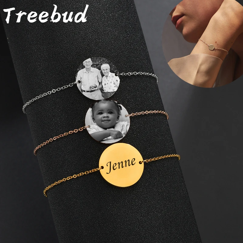 TreeBud Custom Photo Náramok z nehrdzavejúcej ocele pre ženy laserové vyryté meno dátum náramky