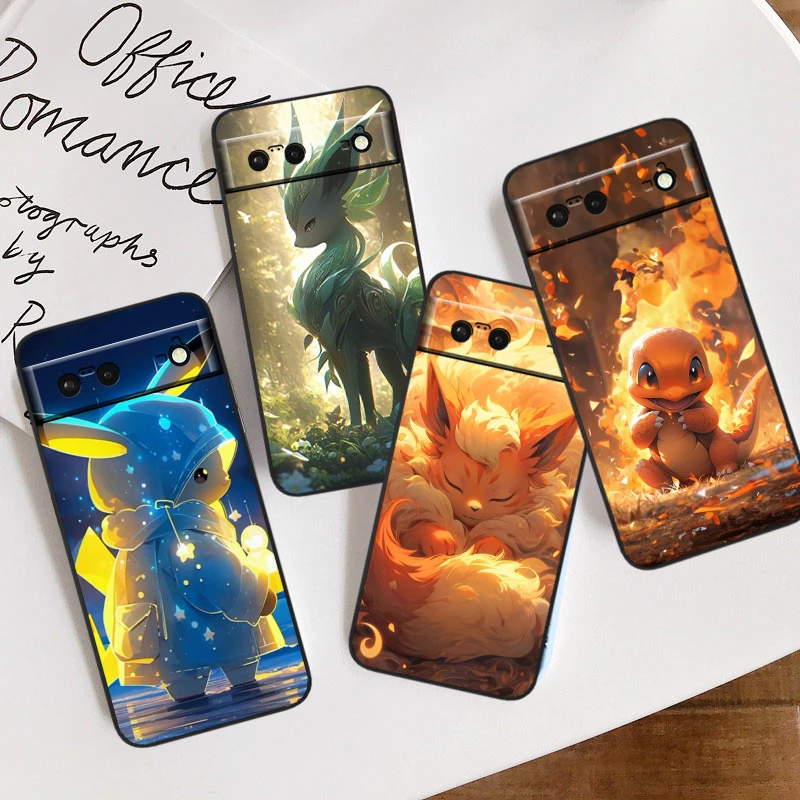 Trend karikatúra roztomilý pokémon pre Google Pixel 8 7a 7 6a 6 5a 5 4a xl 5g 5G Čierny kremíkový nárazový kryt shelly Puzdro