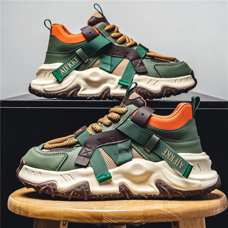 Trend zelený mužský dna, ležérne tenisky dizajnéra High Top Trainers Men módne topánky Priedušné robustné tenisky