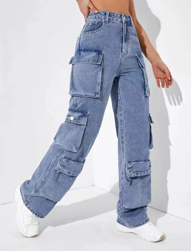 Trendy American Retro Handsome Streetwear Dámske módne džínsy Flip vrecko Denim Denim Pohlety s vysokým pásom preplachované hiphop hiphop elegantné džínsy