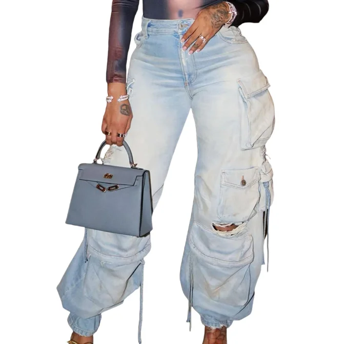 Trendy American Vintage Pekné streetwear Dámske džínsy Flip vrecko Denim Denim Pohlety nákladné nohavice vysoký pás Washed Hiphop Chic Jeans