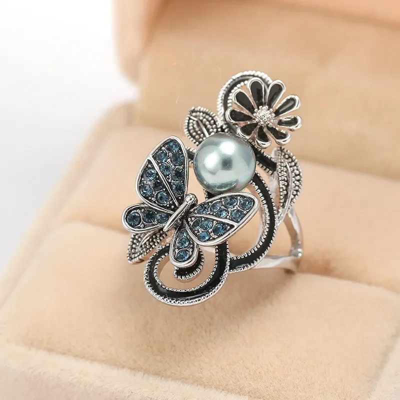 Trendy atrament modrá perla motýľ krištáľový prsteň pre zásnubné svadobné šperky meďné doplnky Rings Wholesale