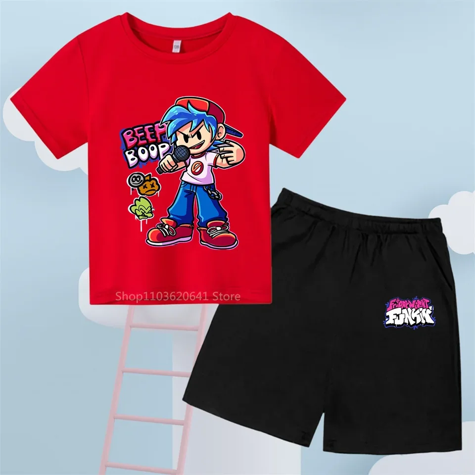 Trendy Boy Girl Shortsleeve TEE Shorts Set s piatkovou nocou Funkin Print Summer Fun Outfit pre vek 3-14 outdoorových hier