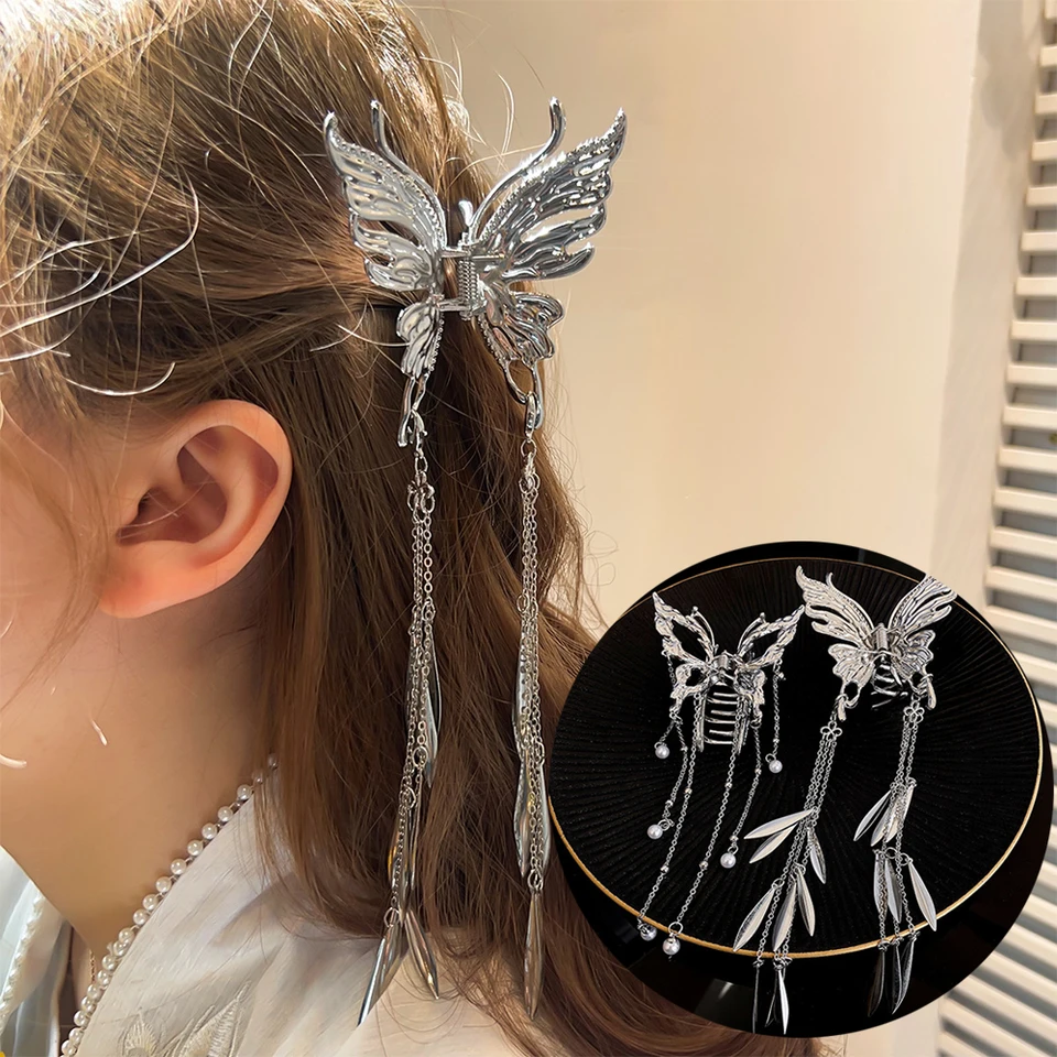Trendy Butterfly Tassel Hair Claw svorka zliatina perla klip vlasov Ženy Kórejské módne vlasové prvky