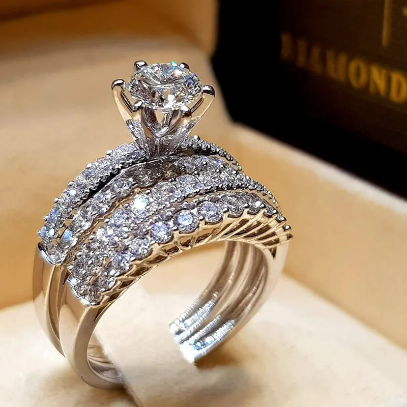 Trendy Crystal Ring Set Wedding Rings Women Geometrický luxusný biely svadobný prstene šperky Dámske darčeky