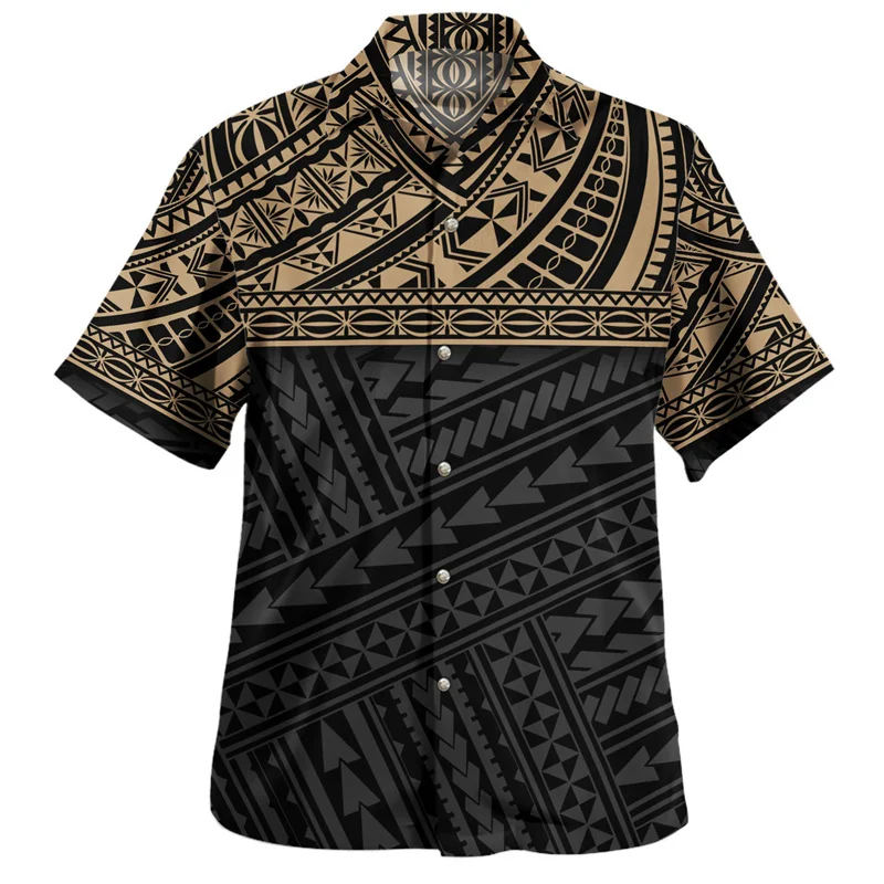 Trendy farebné havajské košele pre mužov Polynézska 3D tlačená blúzka Tops Tops Casy Street Krátke rukávy Loose klopa gombíky tričko