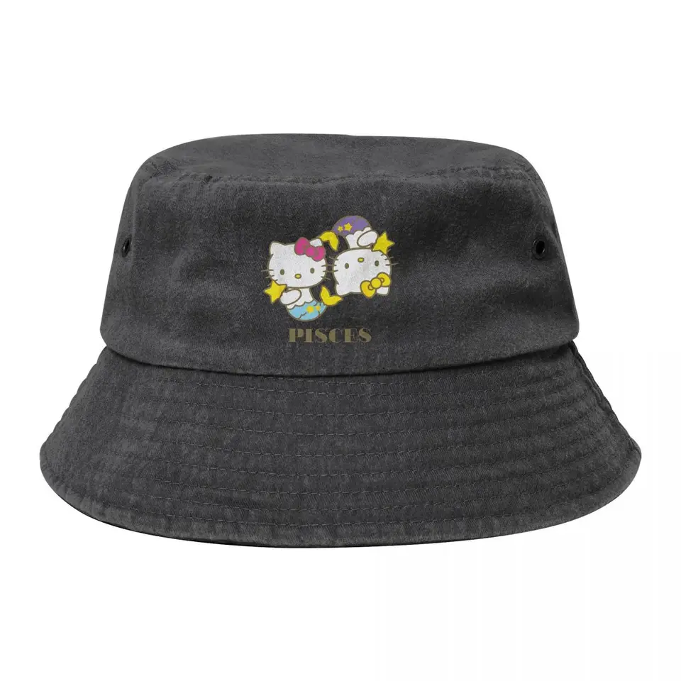 Trendy Funny Hello Kitty Zodiac Pisces Denim Bucket Hat pre unisexu umyté zúfalé bobové klobúky letné cestovné odevy hlavy hlavy