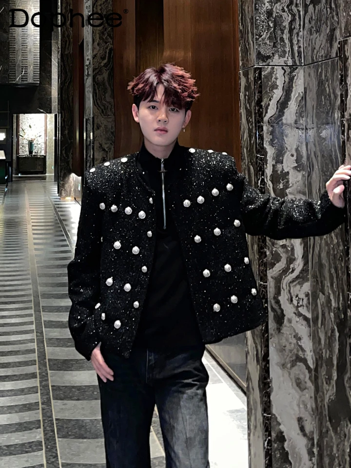 Trendy Male Chic Black Small voňavé krátke kabáty Pánske 2024 jesenné zima Nové bundy malé flitry Multi-Button Design Jacket
