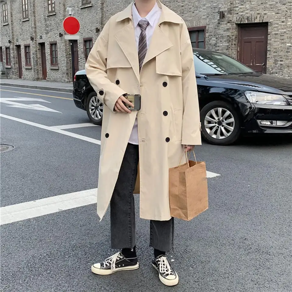 Trendy muži priekopa dlhé rukávy Teplý kabát vonku v strednej dĺžke Men Trench Coat