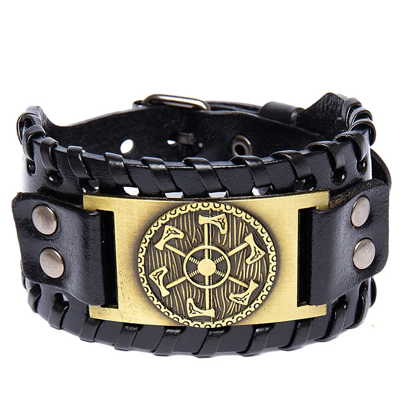 Trendy Nordic Lucky Compass sekera Náramok Originálne kožené tkané vikingské pánske náramok Totem Design Nové doplnky Party šperky