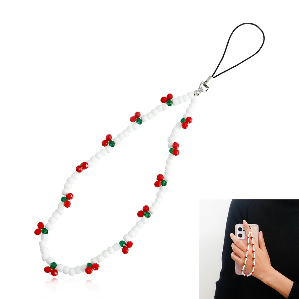 Trendy perlové telefónne reťazce pre ženy čerešňové korálkové remienky na mobilné telefóny Telefónne šnúrky Phonecase Charms