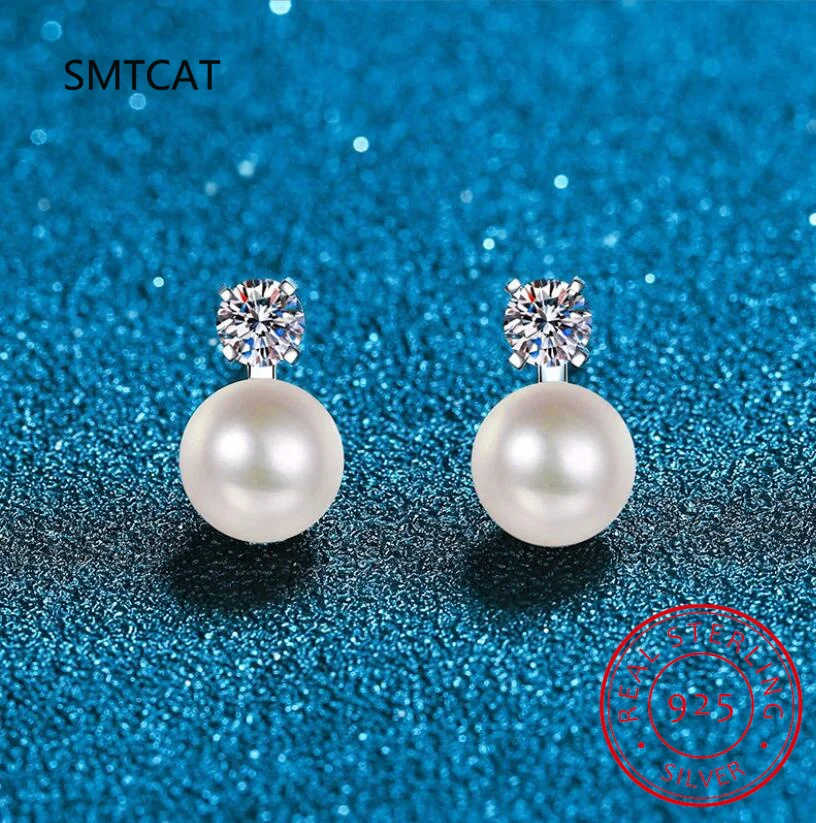 Trendy S925 Silver Natural Pearl Moissanit náušnice Ženy šperky s bielym zlatom D farba Moissanit Stud náušnice