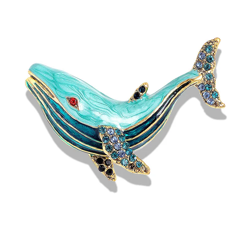 Trendy smaltovaná modrá veľryba brošňa Pins Female Elegantné temperament Zviera Zvláštne vykladané kamienky Brošne pre ženy darčeky šperkov