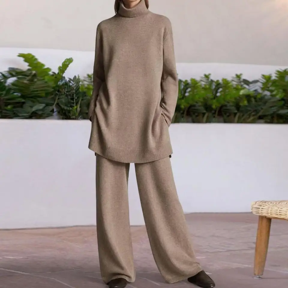 Trendy športové pletenie elastické plus veľkosť širokej nohy Zimné blúzky Panty Set Autumn Top nohavice Oblek na krk Ochrana krku