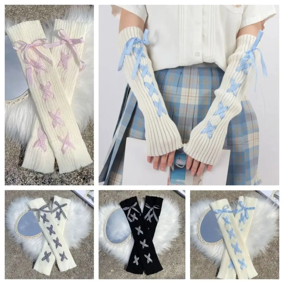 Trendy ženy jesenné zimné pletené rukávy rukávy japonský biely goth kawaii lolita rukavice bez prstov bez prstov Harajuku pančuchy Ohrievače nôh