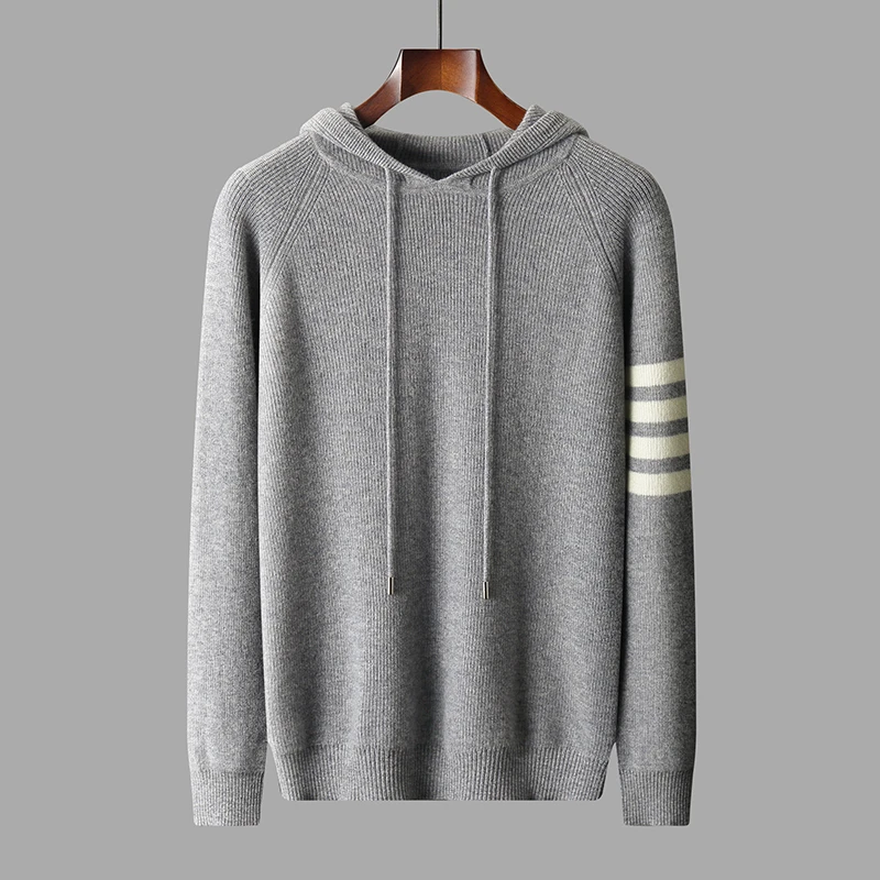 Tri prúžky s kapucňou Pád/zima Nové 100% merino vlnené kašmíre Sweater Pánske pilovery Polover Turtleneck Warm Bott Bott Top Top Top Top