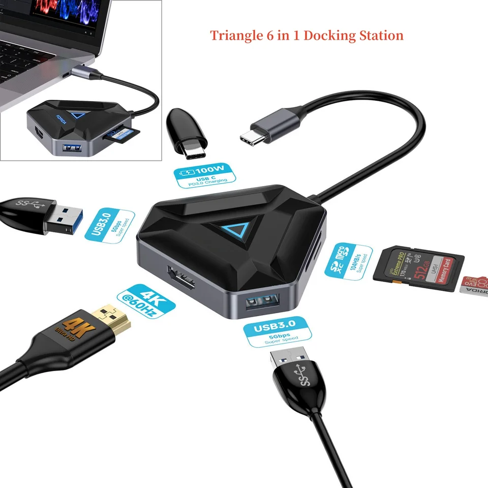 Triangle 6 in 1 Docking Station USB Type C Hub HDMI 100W PD USB 3,0 5 GBPS SD/TF Adaptér čítačky kariet pre MacBook HP Dell Lenovo