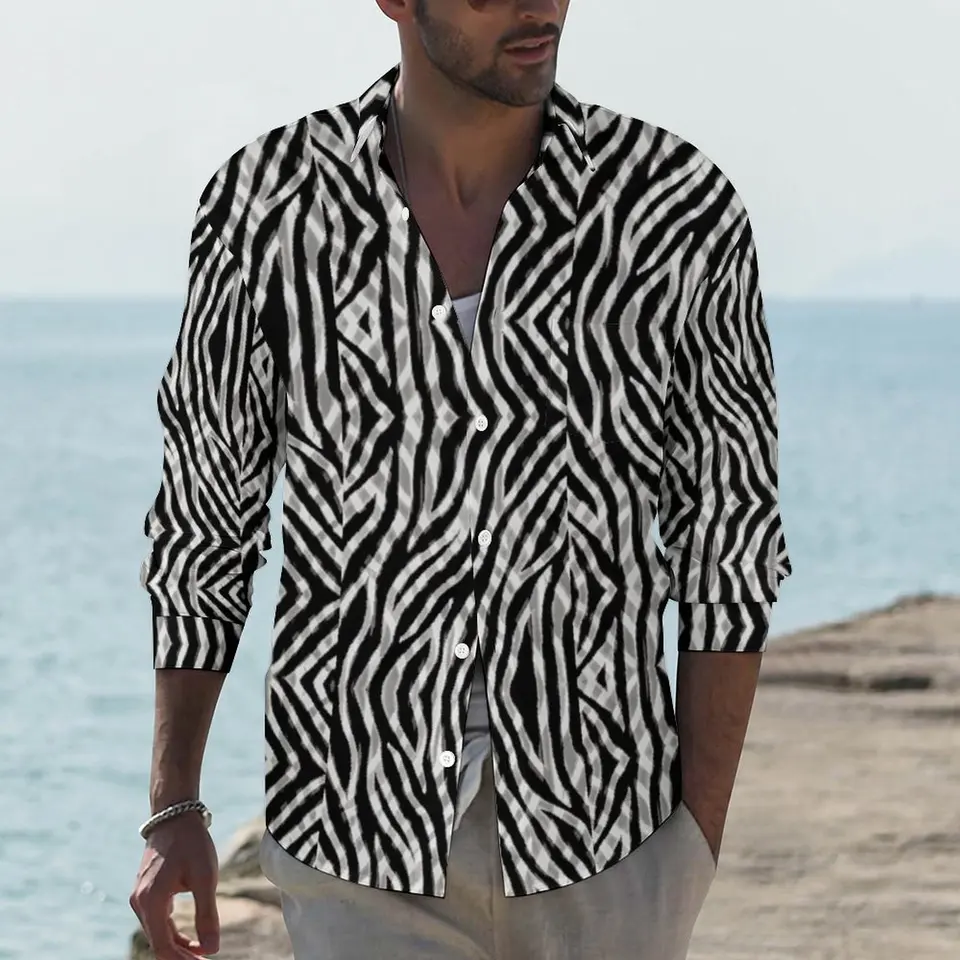 Tribal zebra košeľa čierne biele pruhy ležérne košele s dlhým rukávom vzorové blúzky Spring retro nadmerné oblečenie