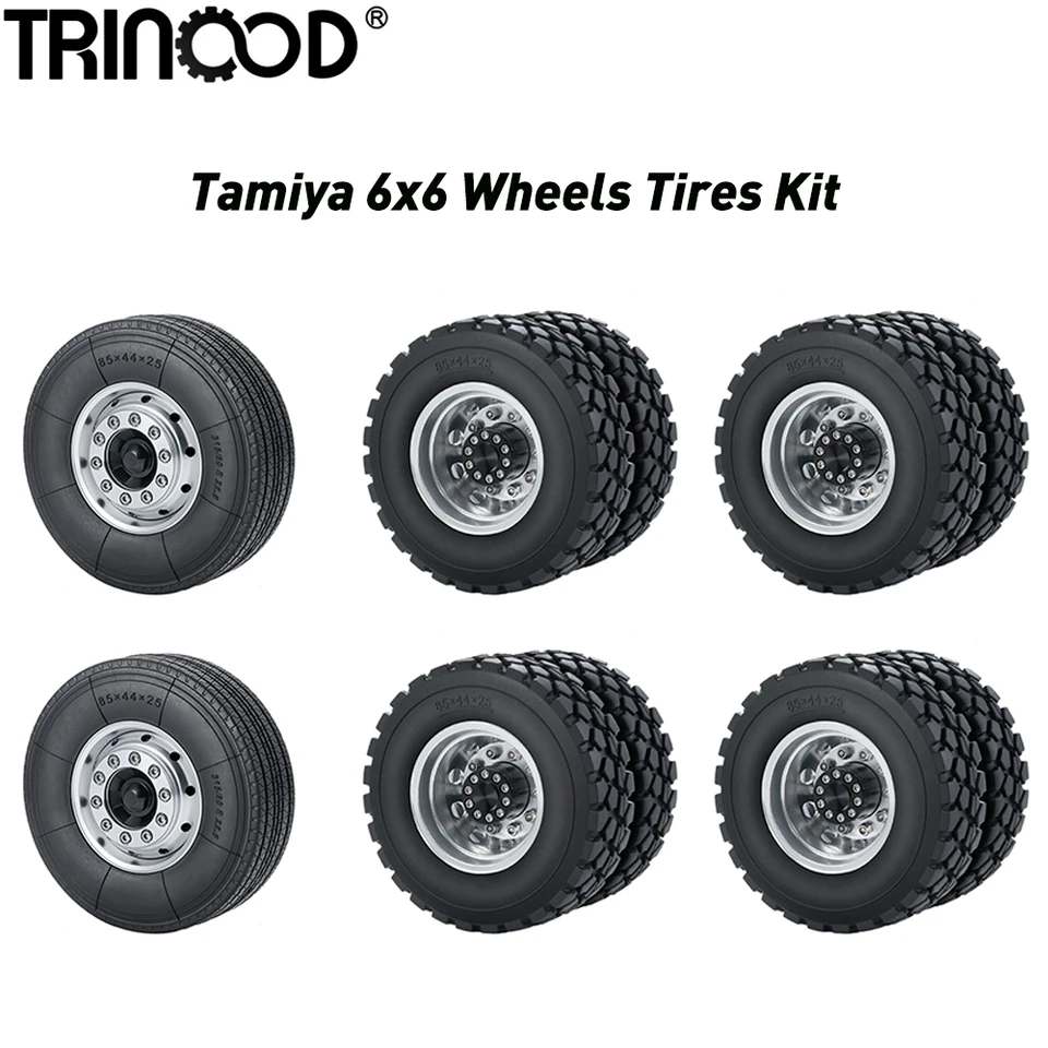 Trinood Tamiya 6x6 Kolesá Pneumatiky Nastavené kovové predné a zadné kolesá Gumová pneumatika pre 1/4.