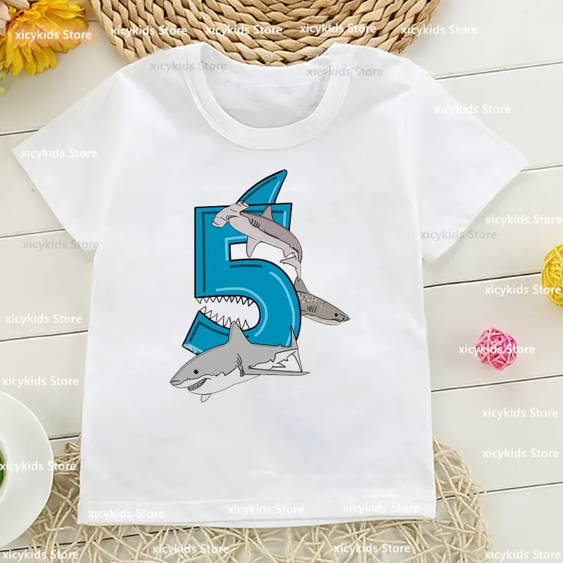 Tričko Chlapci 3-9. narodeniny skvelé biele žralok Tričko Darčeky Detské narodeniny Tshirt Custom Meno Cute Toddler Tshir Tops