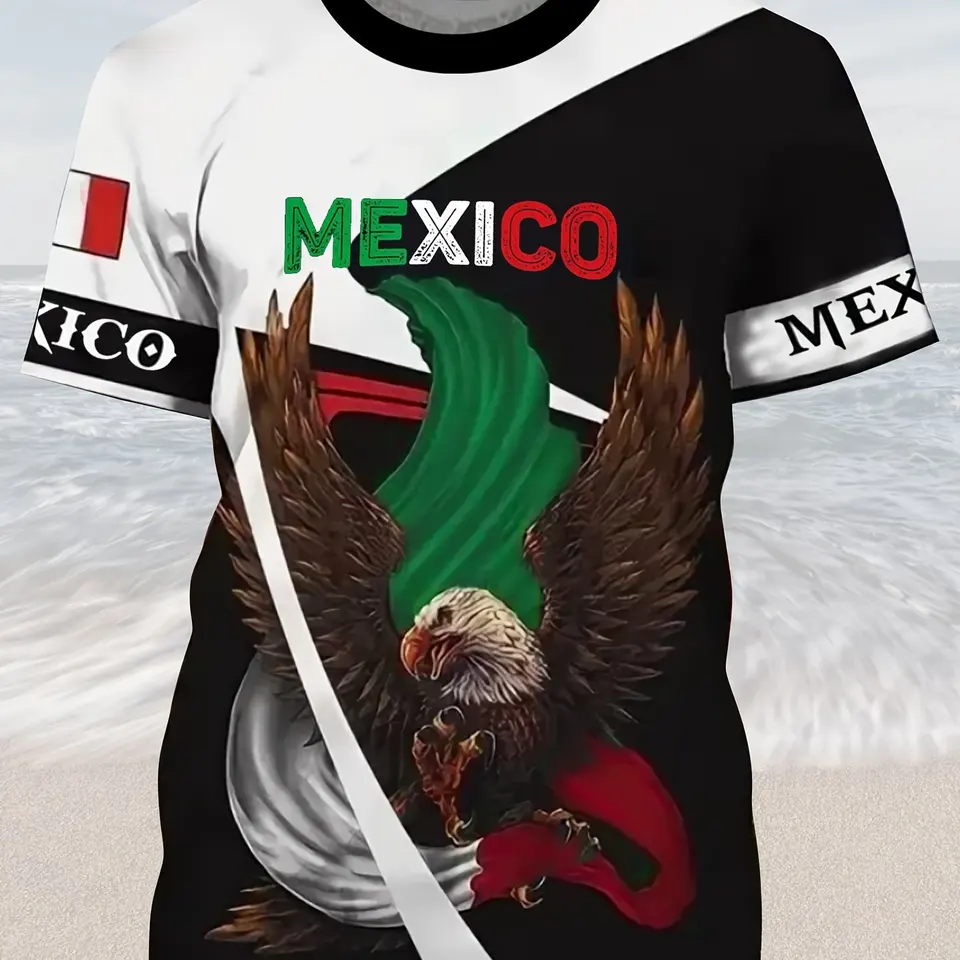 Tričko Eagle Print Pánske tričko - pohodlné, trendy a odolné po celú sezónu Príležitostný módny dizajn módny dizajn Mexiko Vlajka nadmerne premiérového oblečenia