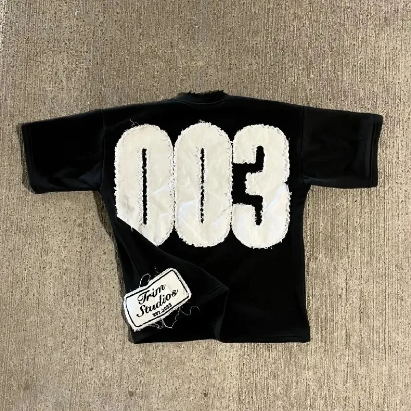 Tričko s digitálnym záplatou Y2K krátke rukávy pre ženy retro skalné vyšívané nadmerné nadmerné tričko Crew Crew Cotton Menstreetwear