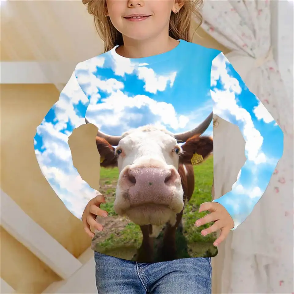 Tričká s dlhým rukávom 3D tlače Funny krava letná tričko móda módne deti Príležitostné chlapci dievčatá O-krk tričko Tops Tops Detské oblečenie