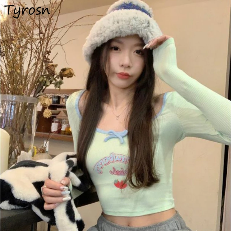 Tričká Ženy s dlhým rukávom Letter tlačený čerešňou sladké horúce dievčatá plodiny Tops Kórejský štýl Candy Contrat Contrast Chic Slim Kawaii