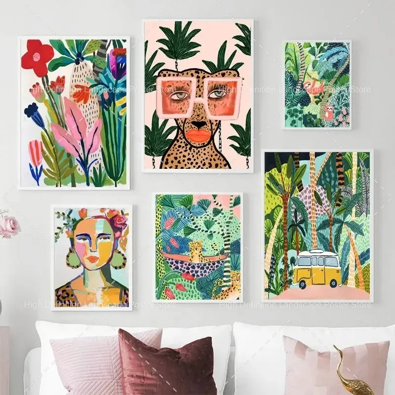 Tropické farebné dievča auto kvet koala leopardová nástenná múčka Art Canvas Painting Plagáty a výtlačky nástenné obrázky pre dekoráciu obývacej izby