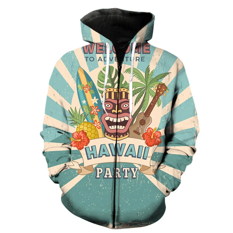 Tropický ostrov havajský 3D tlač zipsu mikiny muži Hot Sale Casy Nadmerná nadmerná mikina Streetwear Harajuku s dlhým rukávom.