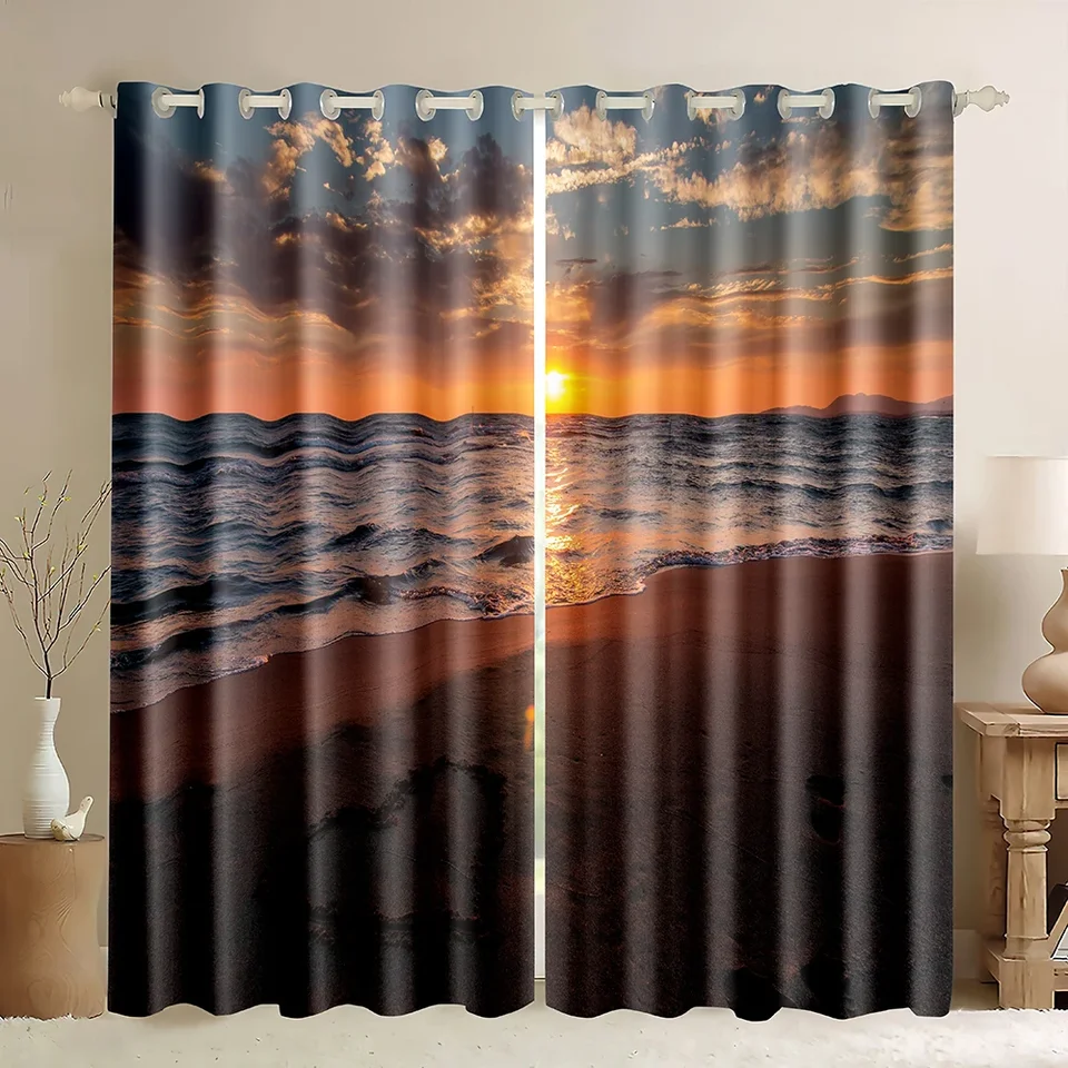 Tropický západ slnka zatemnenie okna, plážová vodná vlna Dusk Sky Curtain, Palm Tree Island Žltá ružová fialová obloha tlač