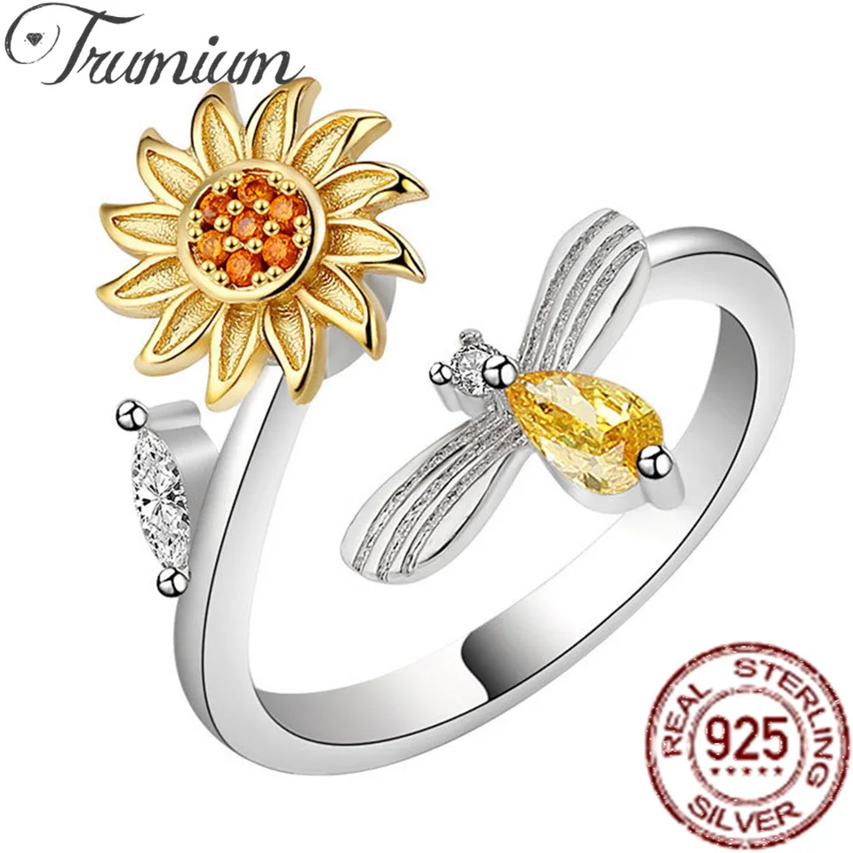 Trumium S925 Sterling Silver Women zazvoní slnečnicový rotujúci prsteň s diamantmi včelí módny protitlakový kruh zmierňuje úzkosť