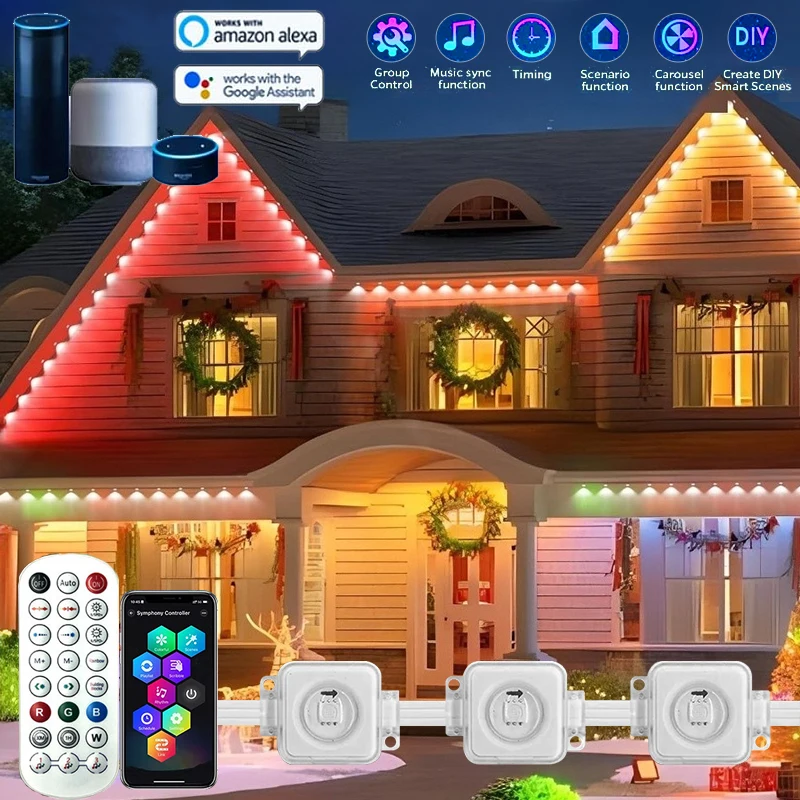 Trvalé outdoorové svetlá s aplikáciou a diaľkovým WiFi RGB Smart Evens LED lampa IP67 nepremokavá hlasová ovládanie hudby synchronizácia Prázdninové večierky
