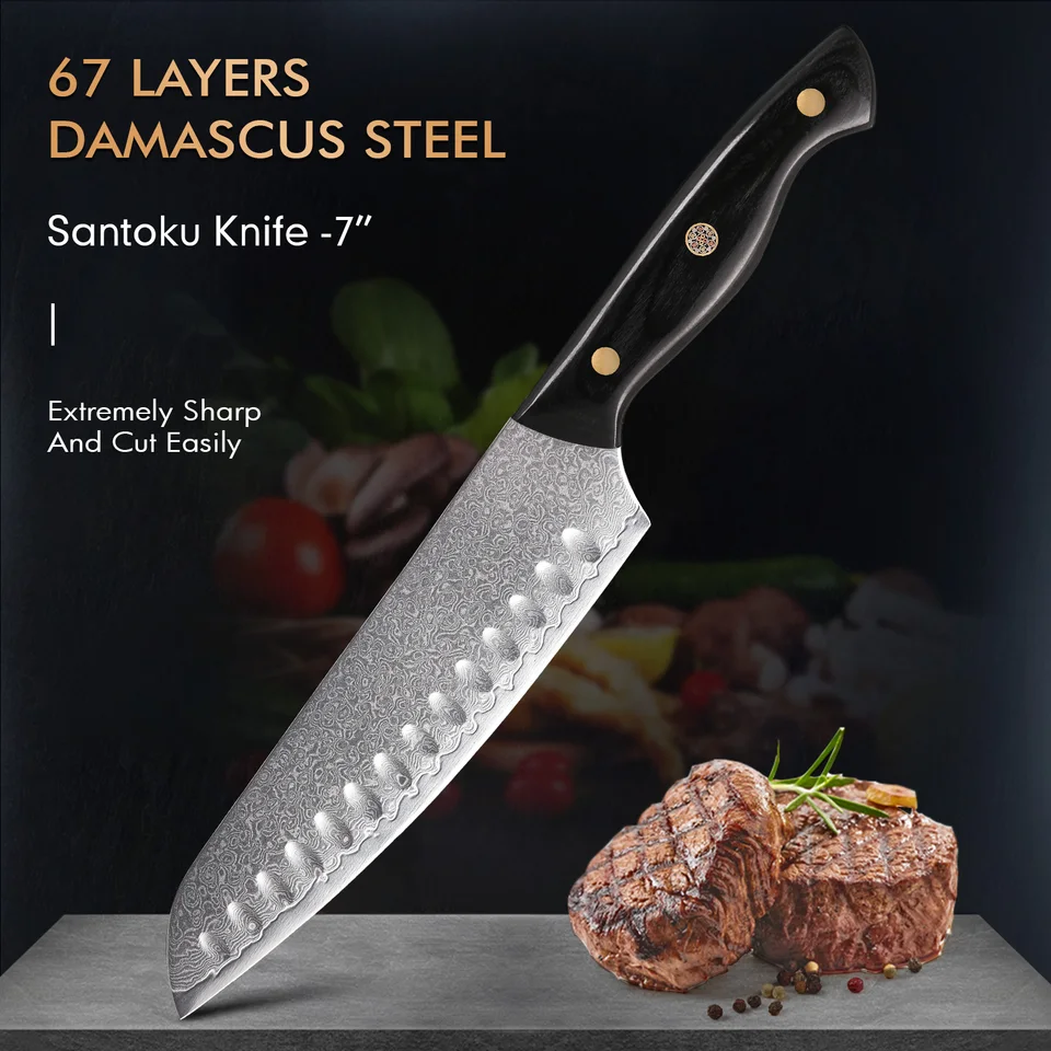 TT-Tita7 palcový japonský Santoku Knife 67 LIETA DAMASCUS OELNÉ KONIKOVANÉ Kuchynské nože VG10 Super jadro šéfkuch