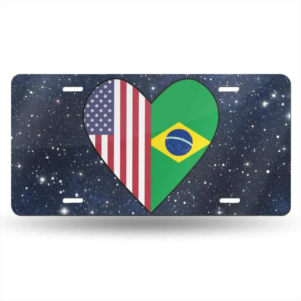 TtDeck Half Brazília Vlajka Half USA Flag Love Heart Tag Decanrative Front Plate Hliníkový kov, Novinka ŠPZ