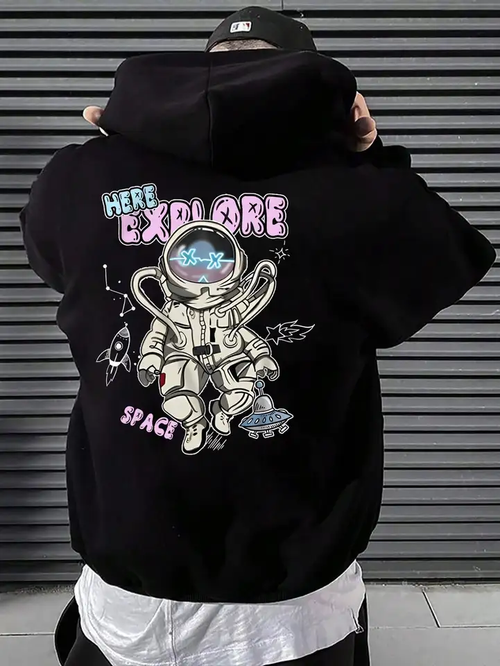 Tu preskúmajte vesmírny astronaut tlačený mužský oblečenie All-Match Nová mikina športovej fleece pullovs vrecko Pohodlné mužské kapucňa