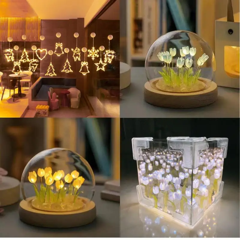 Tulipán Nightlight Ručne vyrobené domáce zvieratá kocka Tulip zrkadlové spálne dekorácie Atmosféra lampa Valentína darček k narodeninám