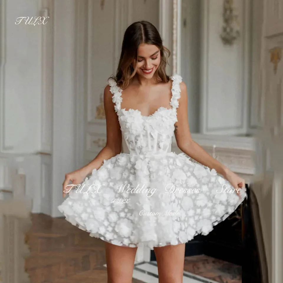 Tulx Mini krátke plesové šaty kvetinové čipky vyšíva svadobné šaty bez rukávov šnurovanie špagety remienok na párty Vestidos de fiesta