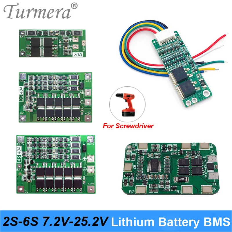 Turmera 2S 7,2V 3S 12,6V 4S 16,8V 5S 21V 6S 25,2 V BMS Li-Ion BATTERICKÁ DOPADA PRE 18 V 21V SCRACTDRIVER POUŽITIE