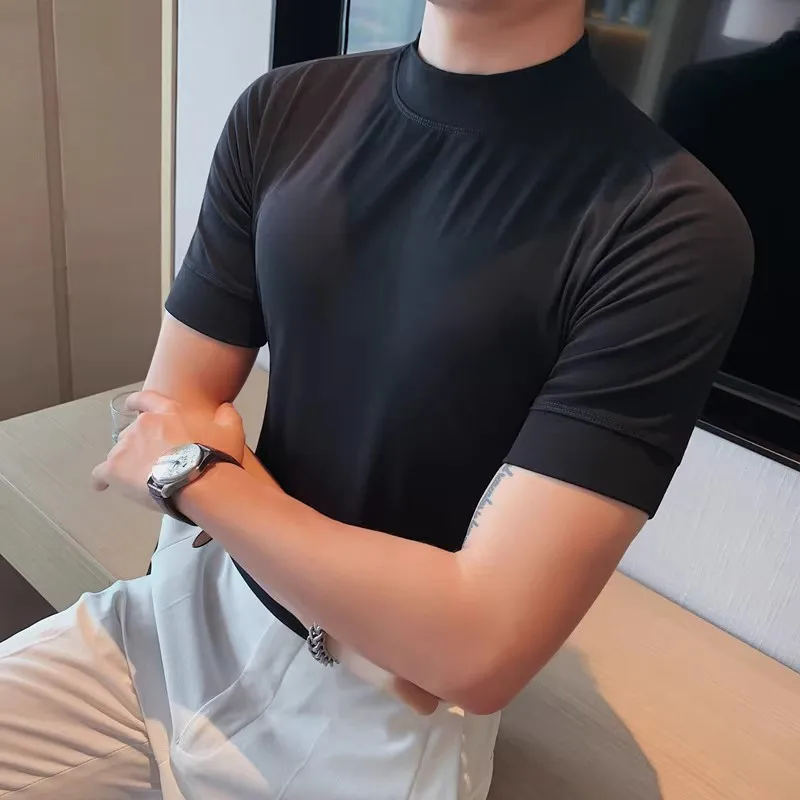 Turtleneck muži Kórejské luxusné oblečenie krátke rukávy T košeľa