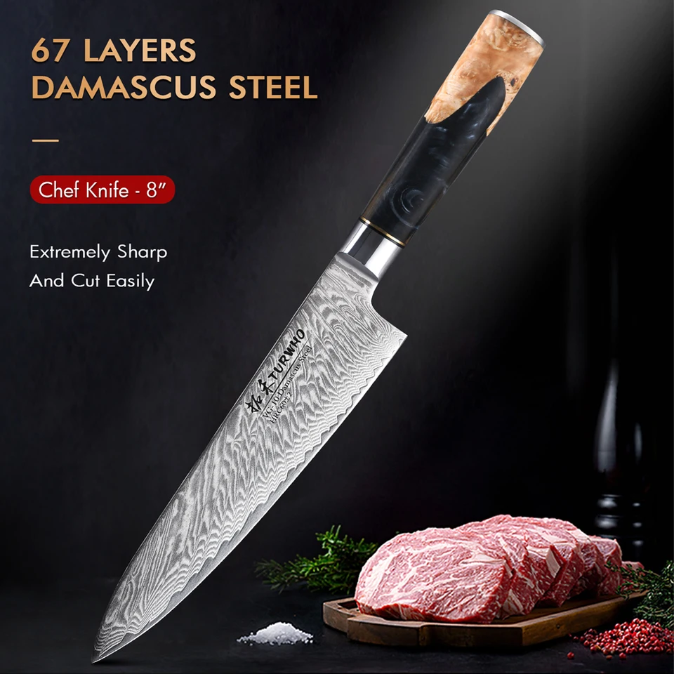 Turwho 8 -palcový šéfkuchár nôž gyuto nôž japonský štýl VG10 jadro damašku kuchynské nože nože z nehrdzavejúcej ocele mäsiarsky nôž živice rukoväť