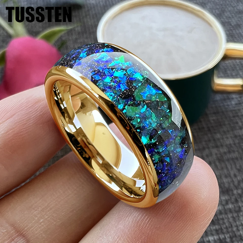 Tussten Men's and Women's 8 mm volfrámový karbid snubný snubný prsteň žiaria modrým zeleným fragmentom zásnubné kapela kupované leštené leštené leštené leštené
